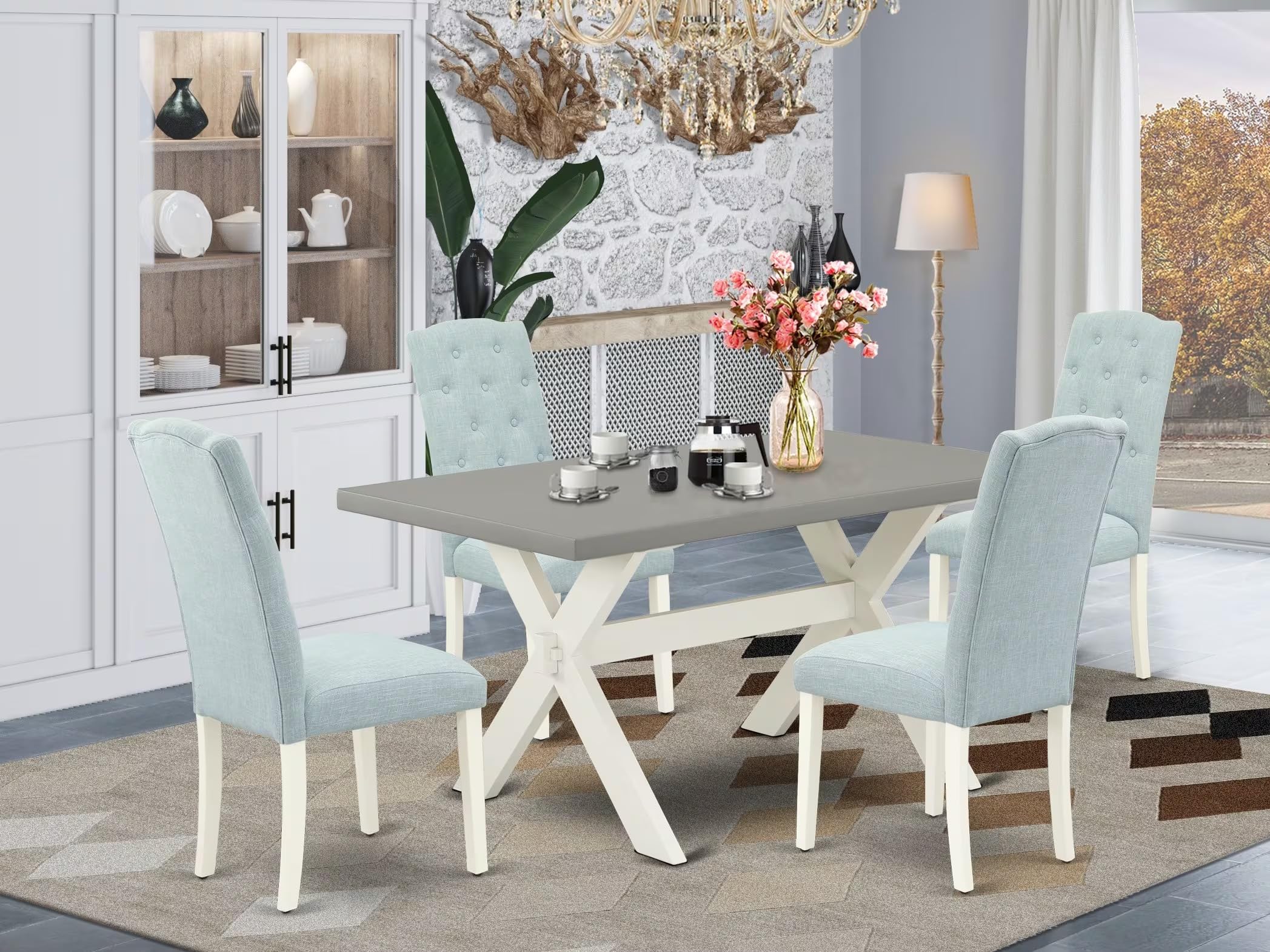 East West Furniture X096Ce215-5 5 Piece Kitchen Table & Chairs Set Includes A Rectangle Dining Room Table With X-Legs And 4 Baby Blue Linen Fabric Parsons Chairs, 36X60 Inch, Multi-Color